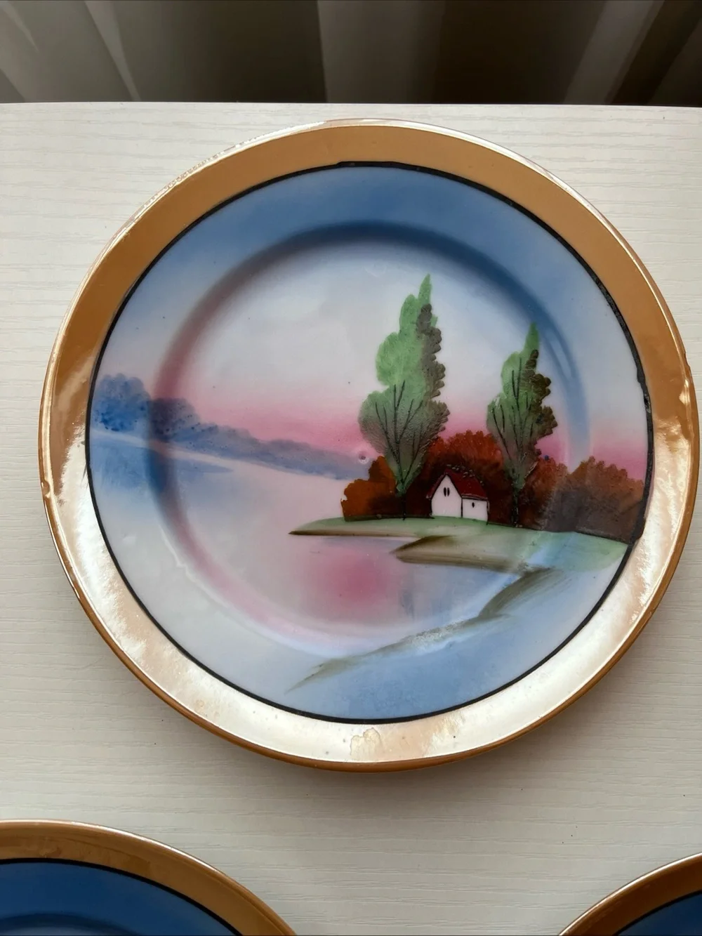 5 Trico Nagoya Japan Lusterware Plates Hand Paint Sunset Cottage Landscape 1930s